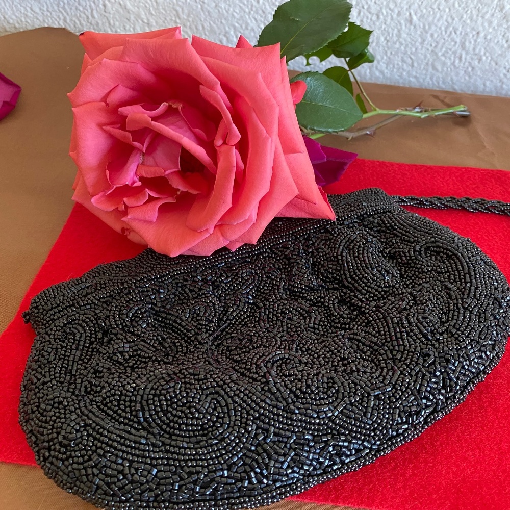 LaRegale Vintage Black Beaded Rope Strap Shoulder Crossbody Purse